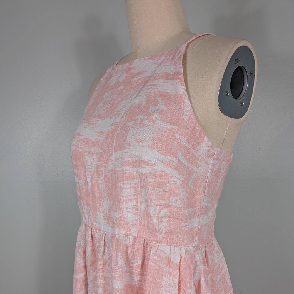 Lands End Linen Midi Dress M Pink White Sundress Smocked Beachy Sleeveles Pocket - Picture 2 of 12